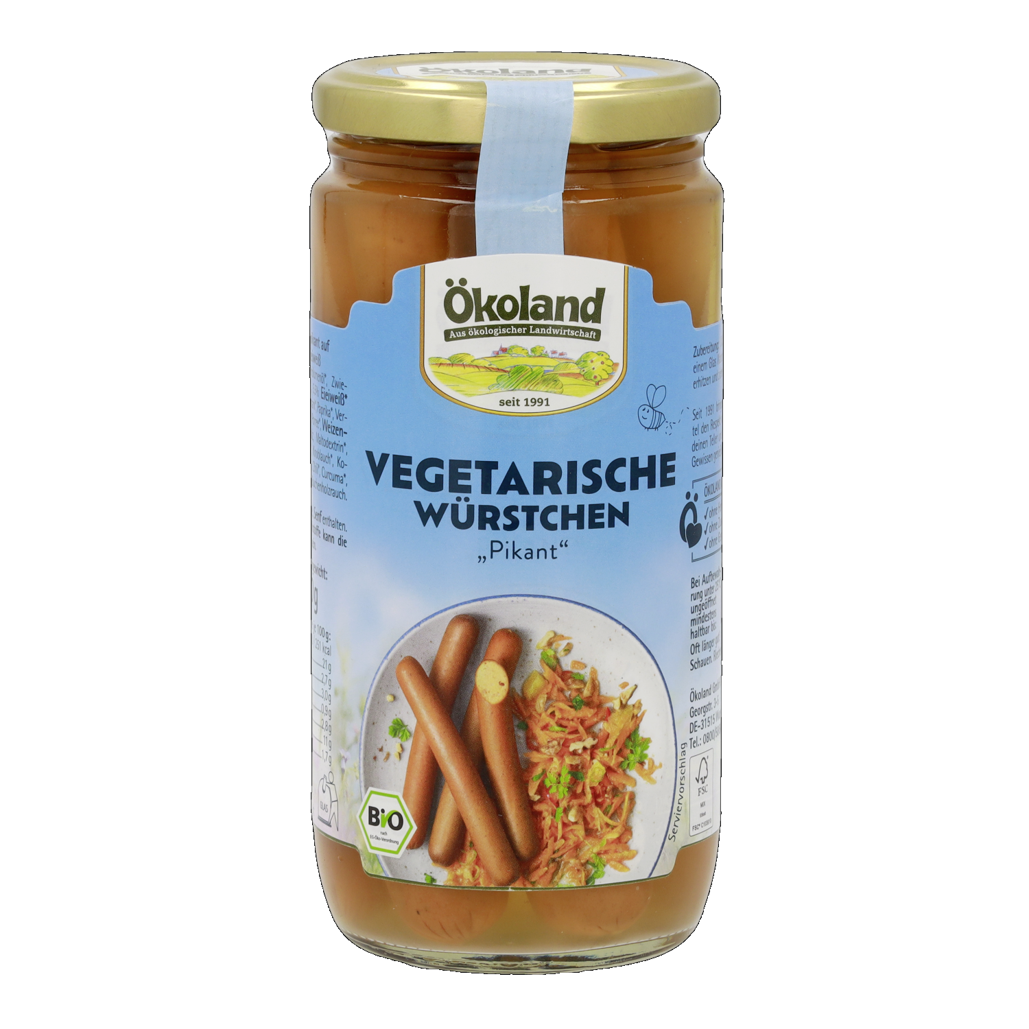 Vegetarische Würstchen pikant auf Basis von Weizen- und Eieiweiß