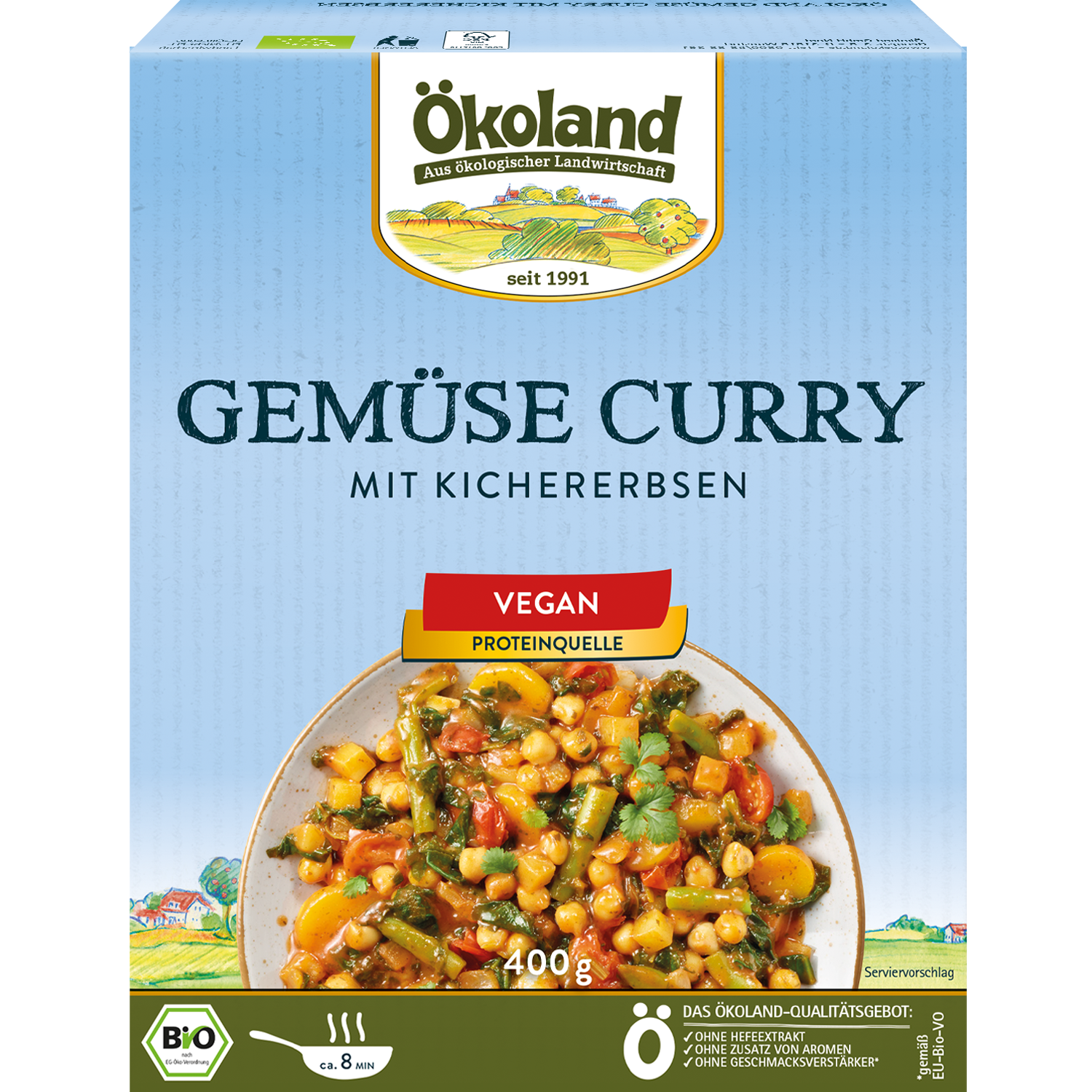 Würzige Gemüsemischung (74 %) mit Kichererbsen und Kartoffeln, tiefgefroren.