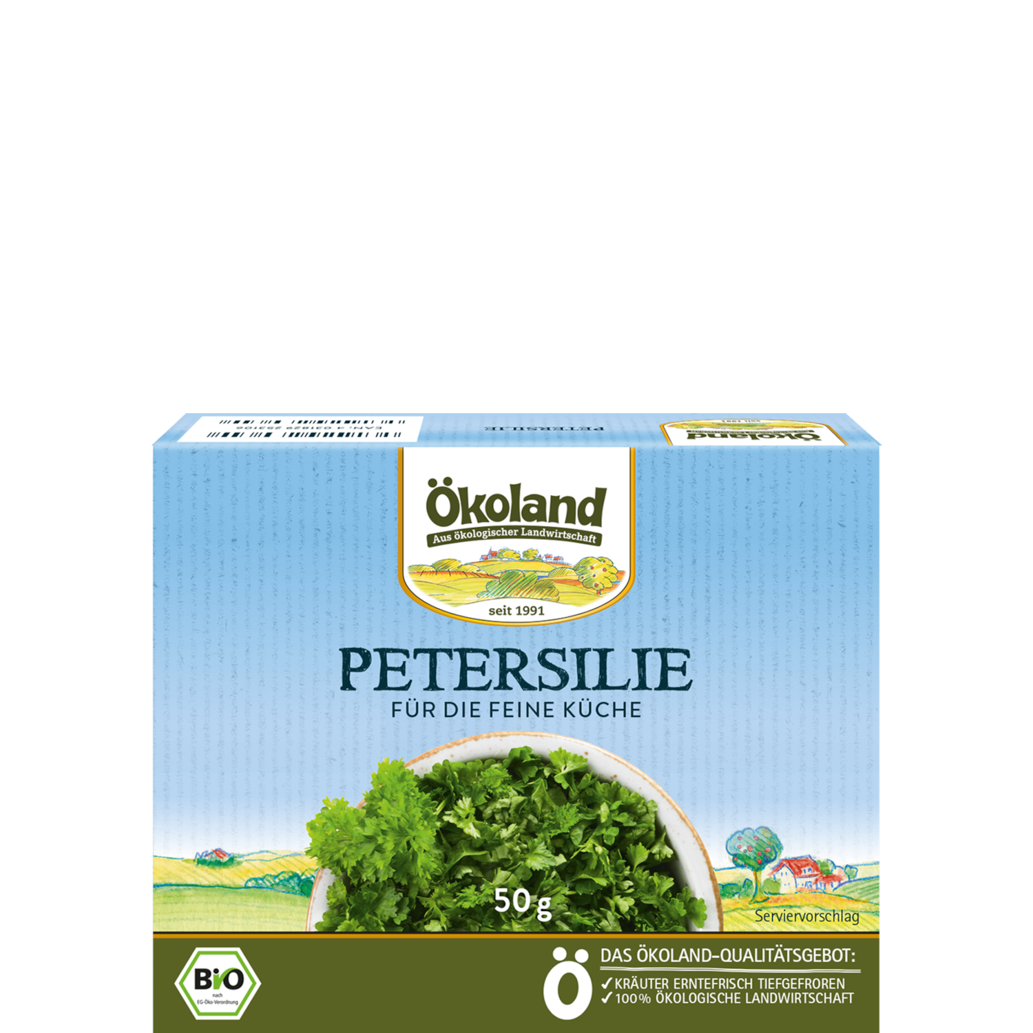 Bio-Petersilie fein gehackt, streufähig, erntefrisch tiefgefroren.