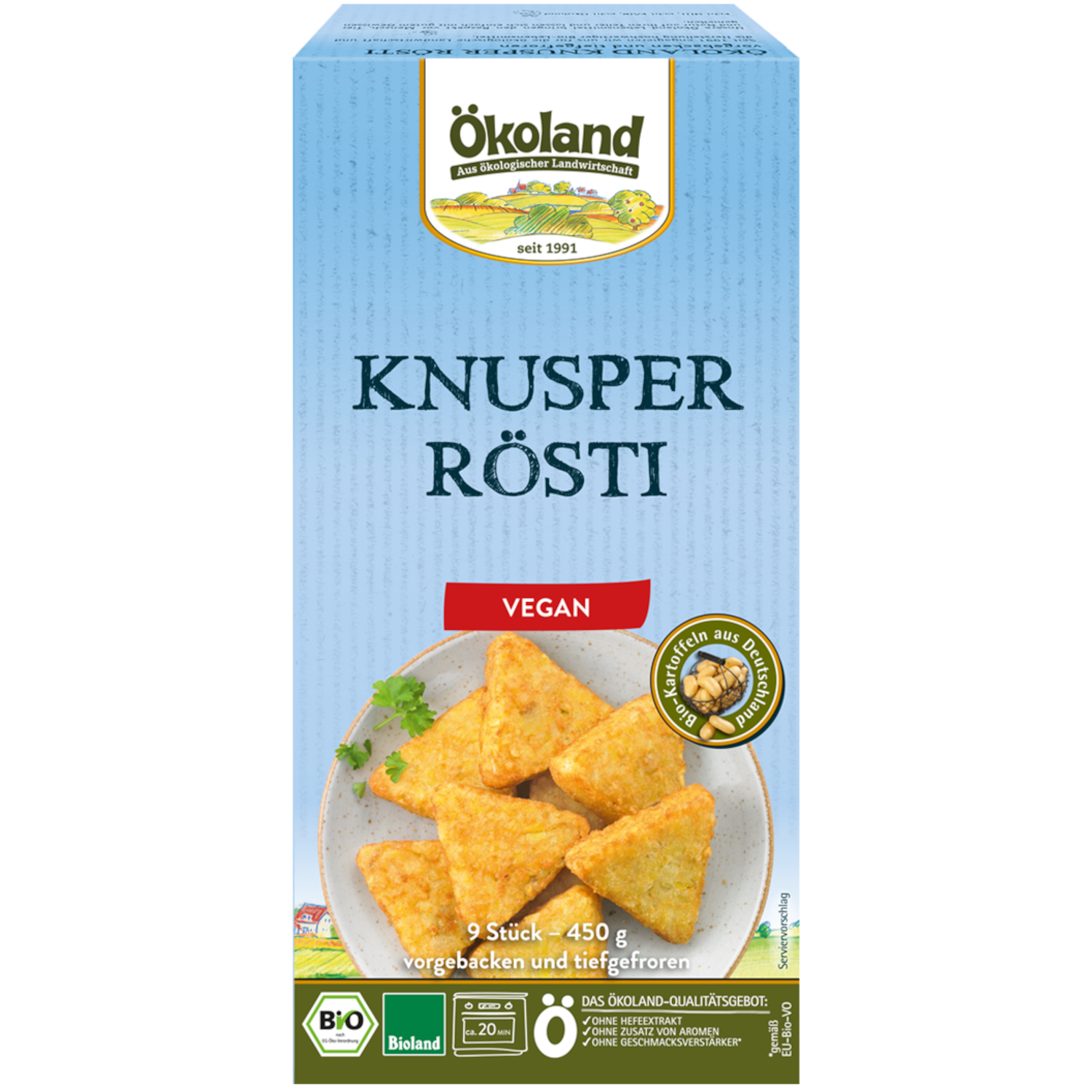 Bio-Rösti aus ganzen, frisch geraspelten Bio-Kartoffeln, gewürzt, zu Ecken geformt, vorfrittiert und tiefgefroren.