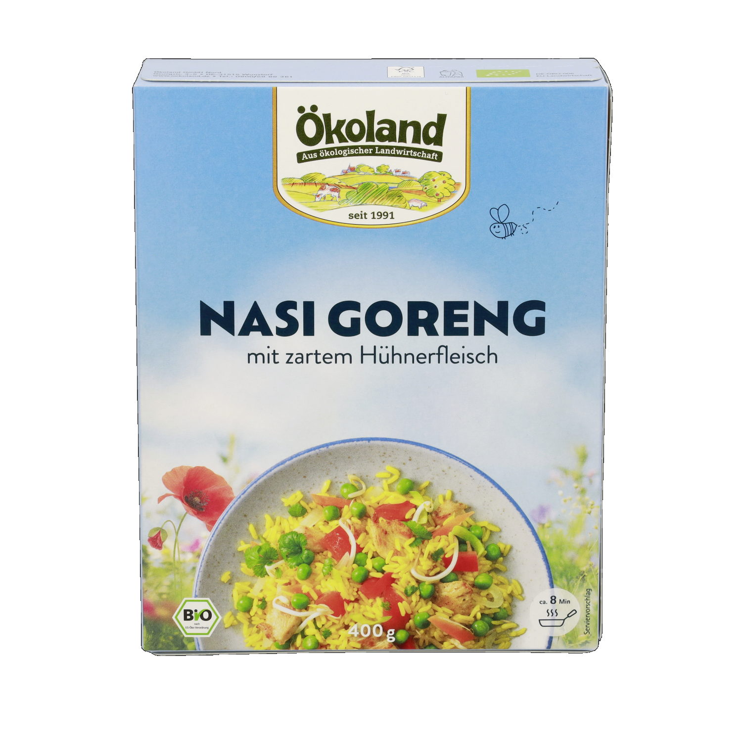 Reisgericht nach indonesischer Art mit goldgelbem Reis und zartem Hühnerfleisch, exotisch abgeschmeckt, tiefgefroren.