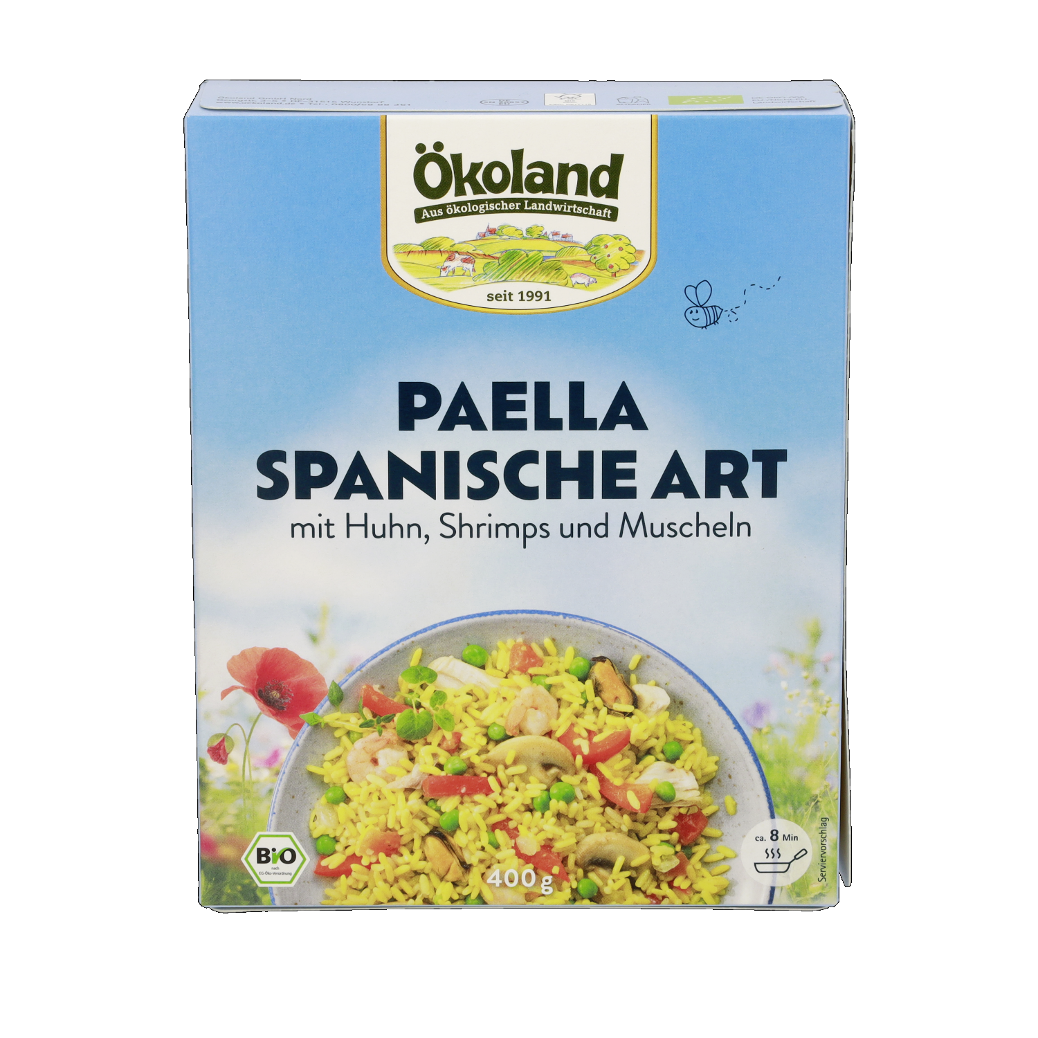 Reisgericht nach spanischer Art mit zartem Hühnerfleisch, Shrimps und Muscheln, raffiniert gewürzt, tiefgefroren.