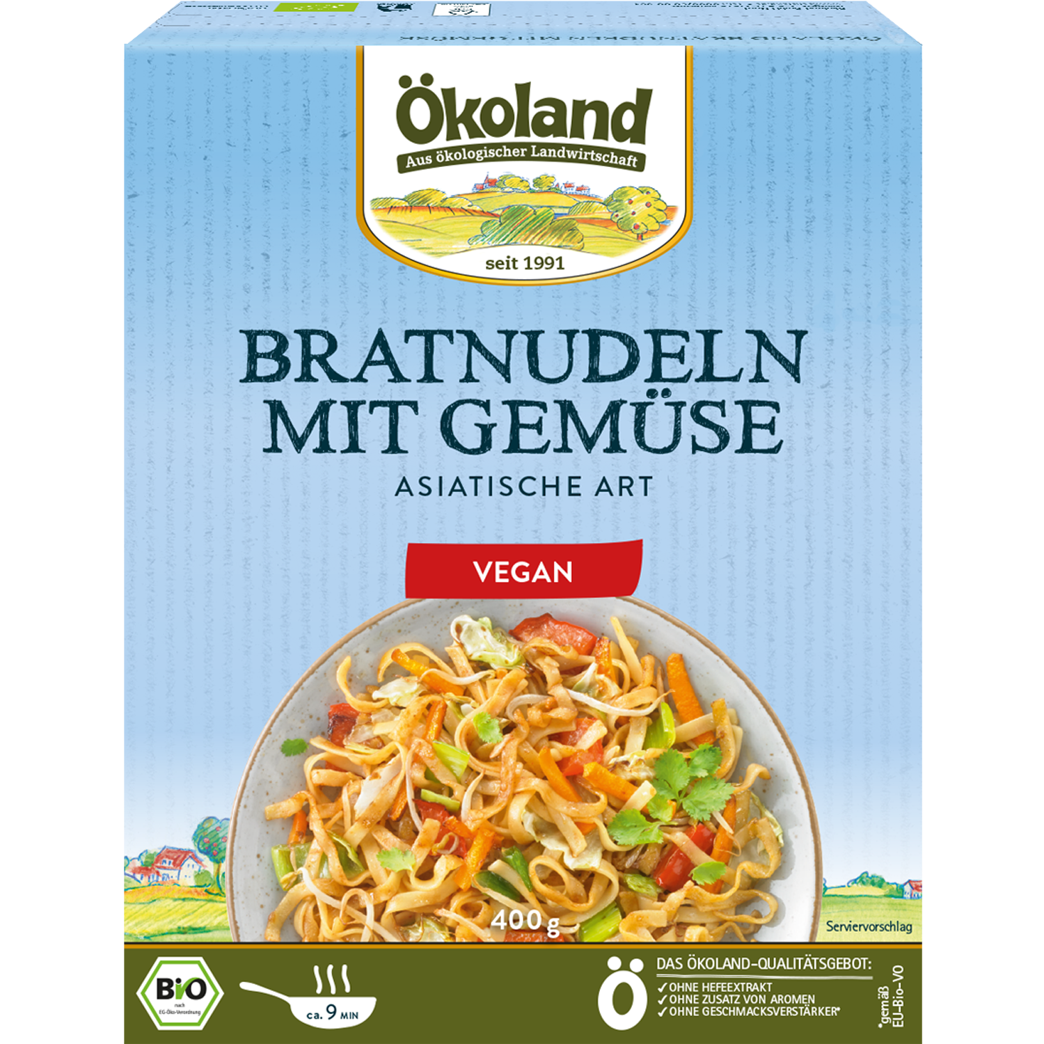Bio-Gemüsemischung (58%) mit Bandnudeln, asiatisch abgeschmeckt, tiefgefroren.