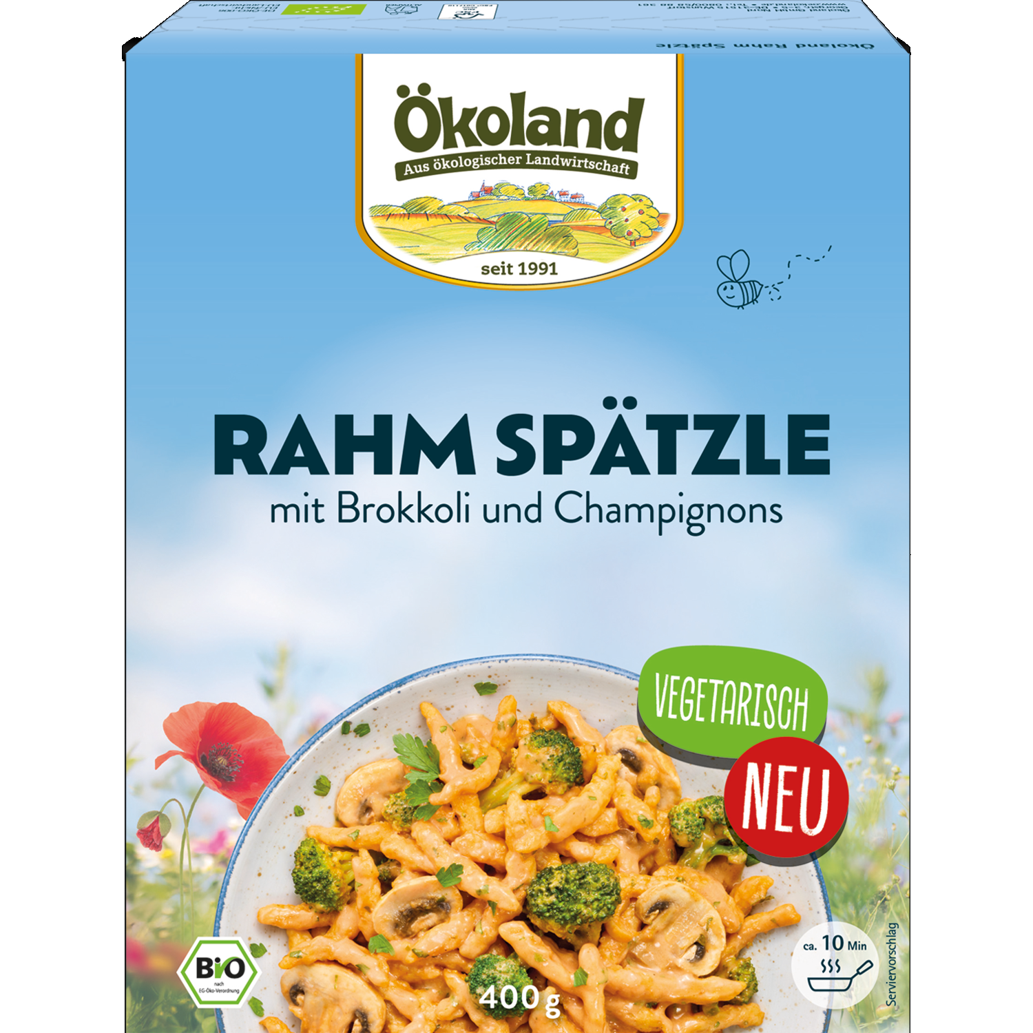 Rahm Spätzle - Gegarte Spätzle mit Brokkoli und Champignons in einer würzigen Rahmsauce (16%).  Tiefgefroren.
