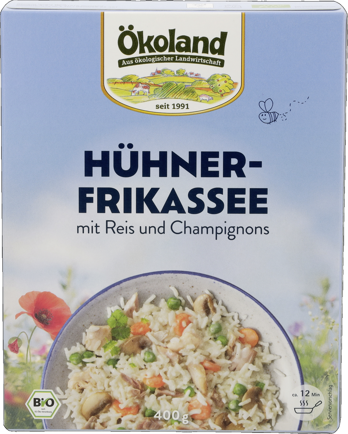 Das Ökoland-Hühnerfrikassee ist zartes Hühnerfleisch mit Reis und Champignons in einer hellen Sauce. Tiefgefroren.