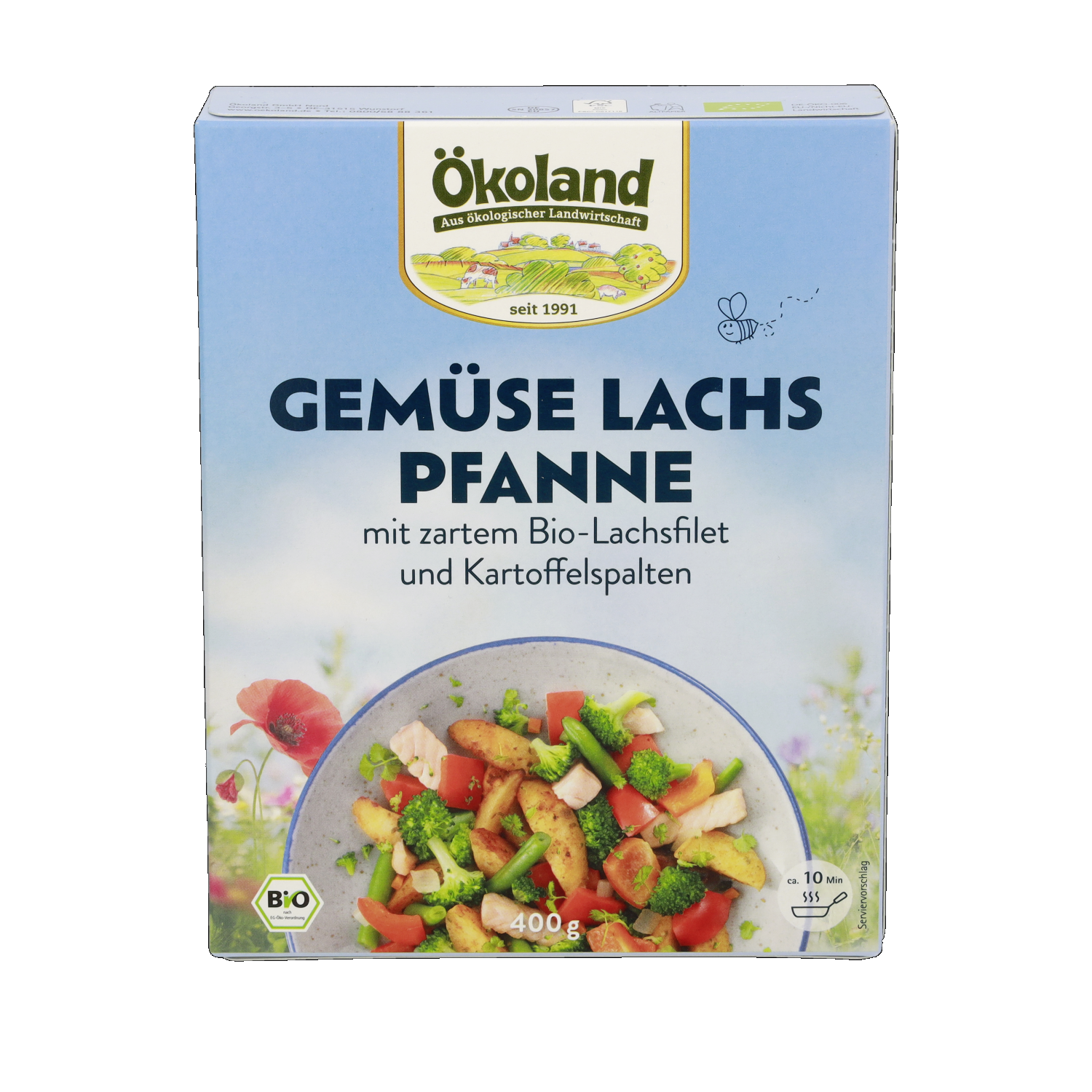 Bio-Pfannengericht mit Gemüse, frittierten Kartoffelspalten und Bio-Lachsfiletstücken, zum Braten, fein gewürzt, tiefgefroren.