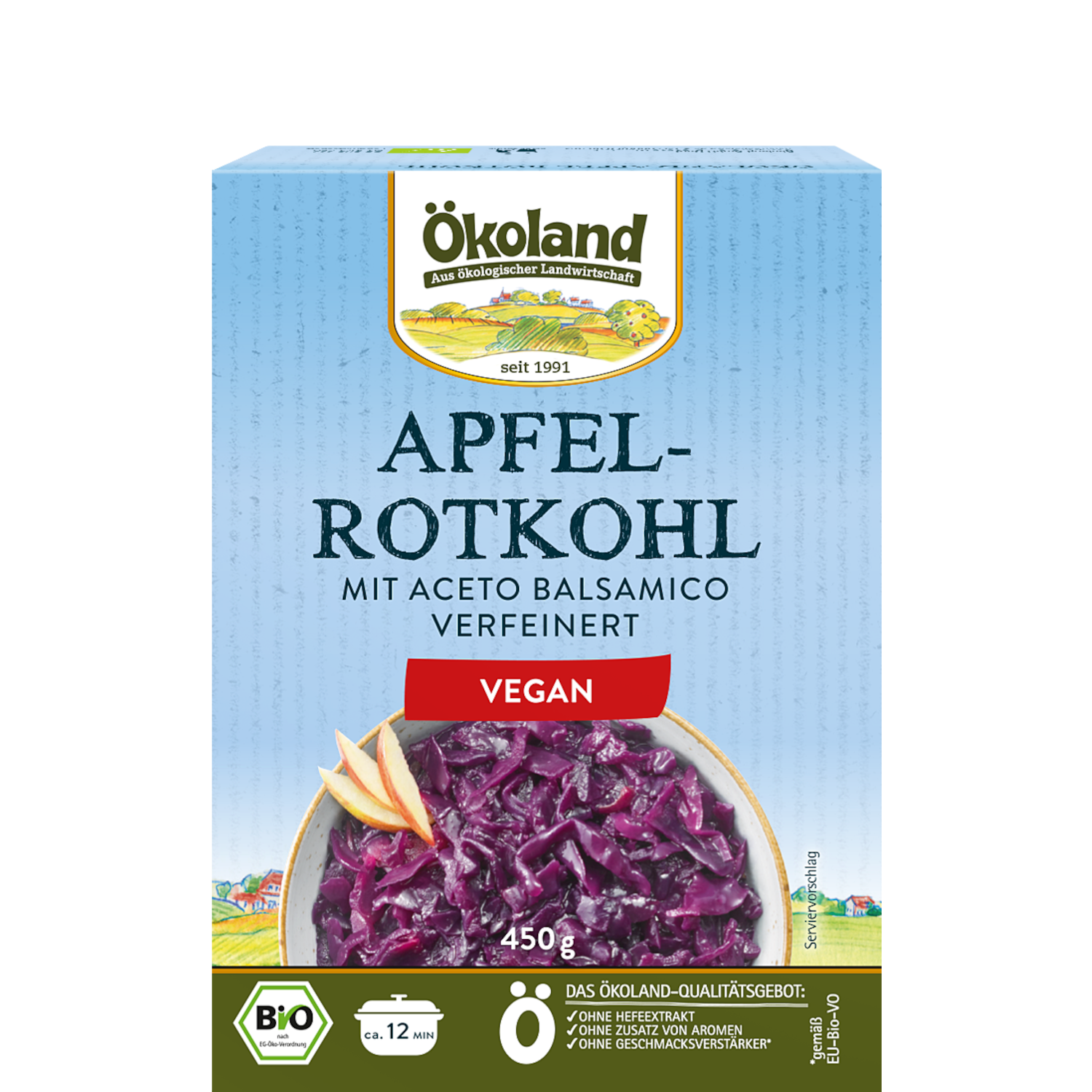 Rotkohl mit Apfelstücken und Apfelsaft, mit Aceto Balsamico di Modena (Essig) verfeinert, tiefgefroren.