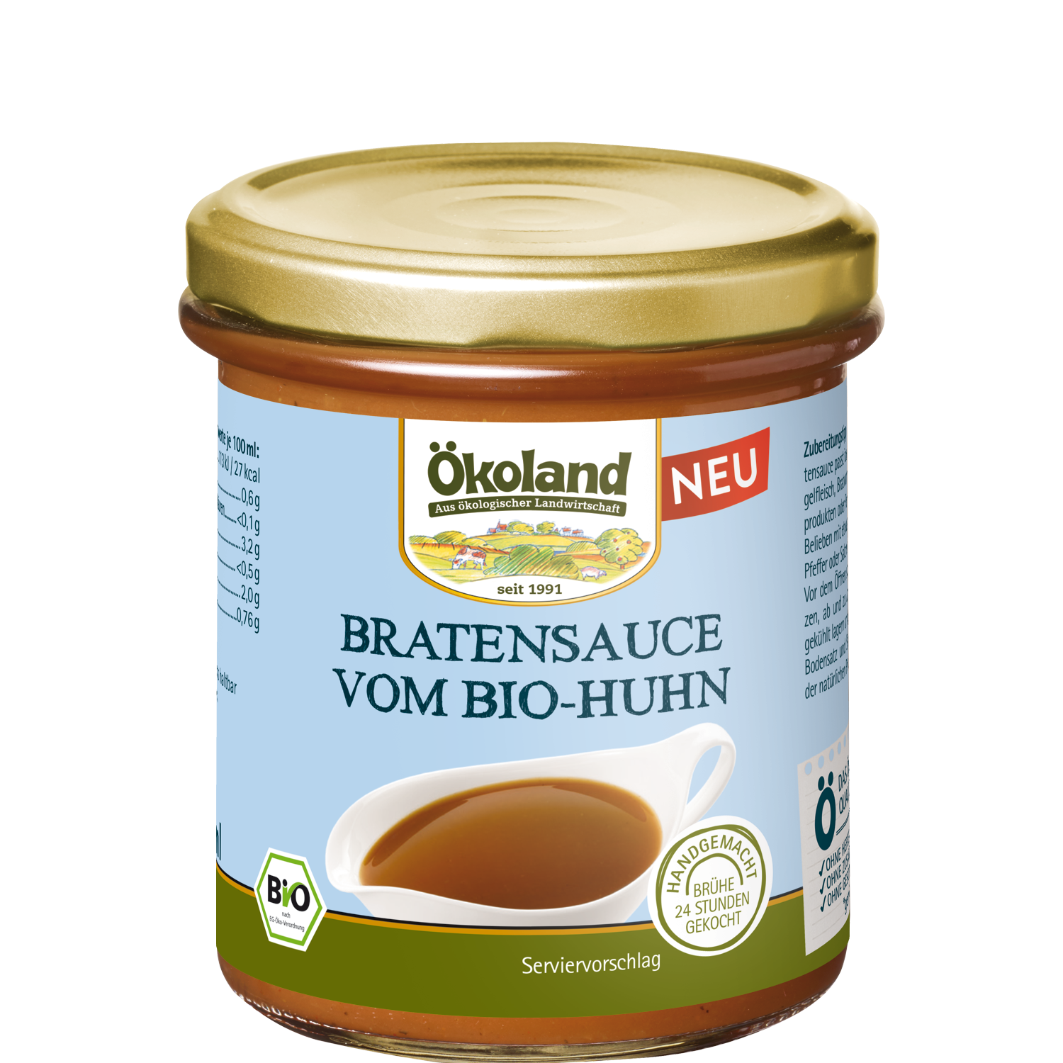 Bio Bratensauce vom Huhn, pur oder nach Ihren Wünschen verfeinert ein schmackhafter Begleiter für Fleischgerichte, Kartoffeln, Reis oder Nudeln.