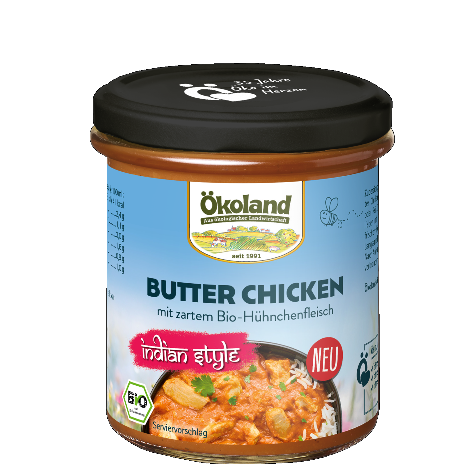 Zartes Bio-Hühnchenfleisch wird zusammen mit einer exotisch würzigen Sauce nach indischer Art serviert.