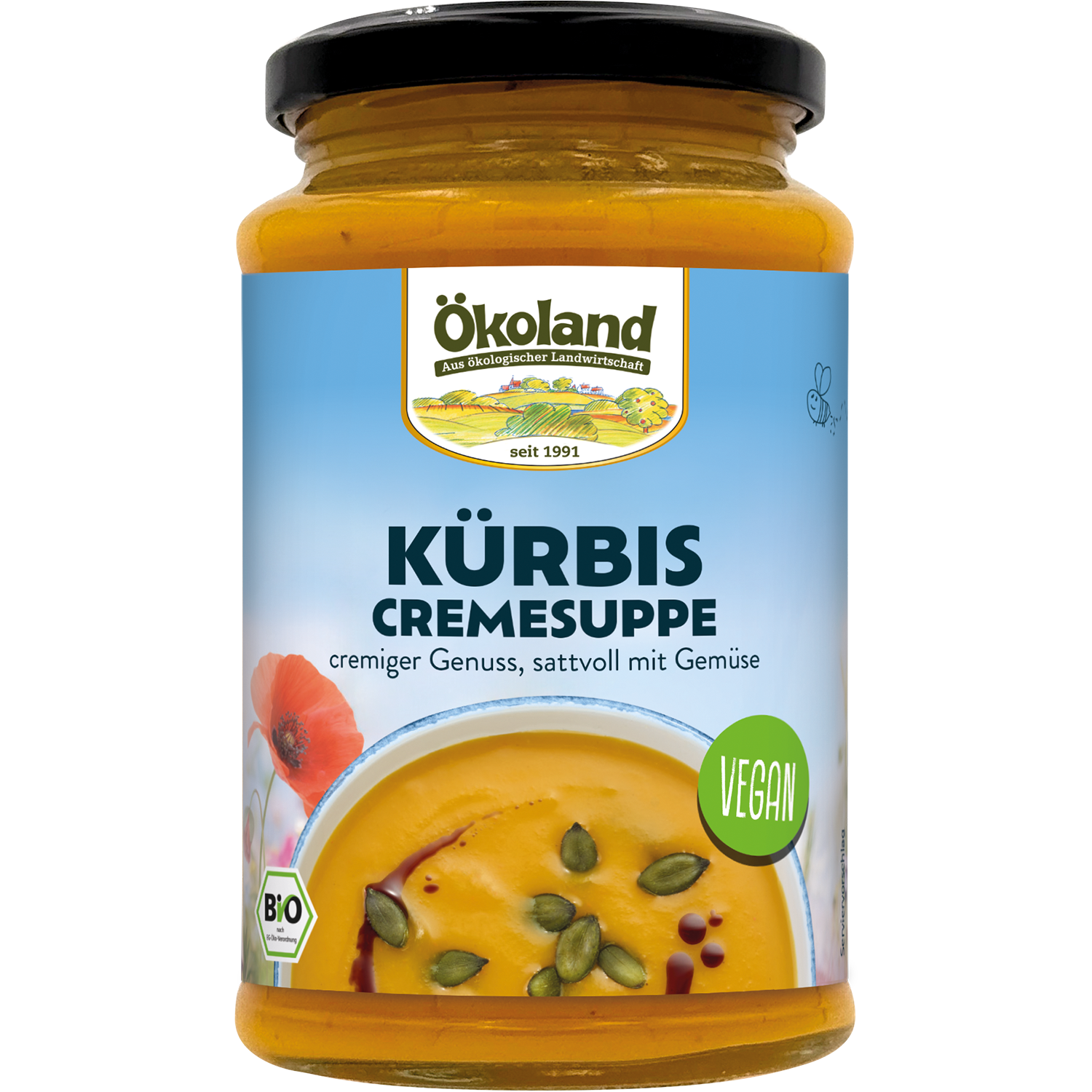 Vegane Bio Kürbis Cremesuppe, cremiger Genuss, sattvoll mit Gemüse