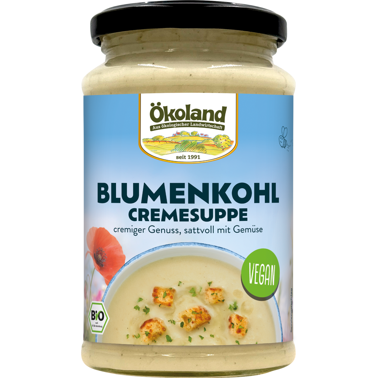 Vegane Bio Blumenkohl Cremesuppe, cremiger Genuss, sattvoll mit Gemüse