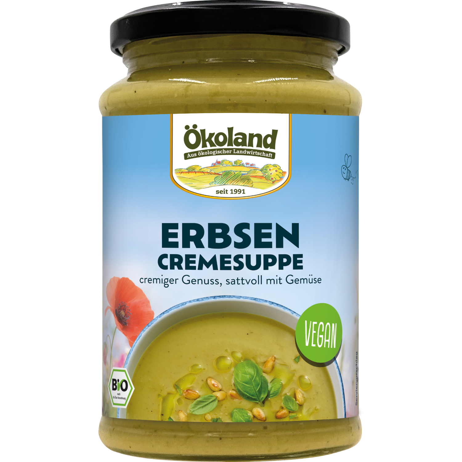 Vegane Bio Erbsen Cremesuppe, cremiger Genuss, sattvoll mit Gemüse