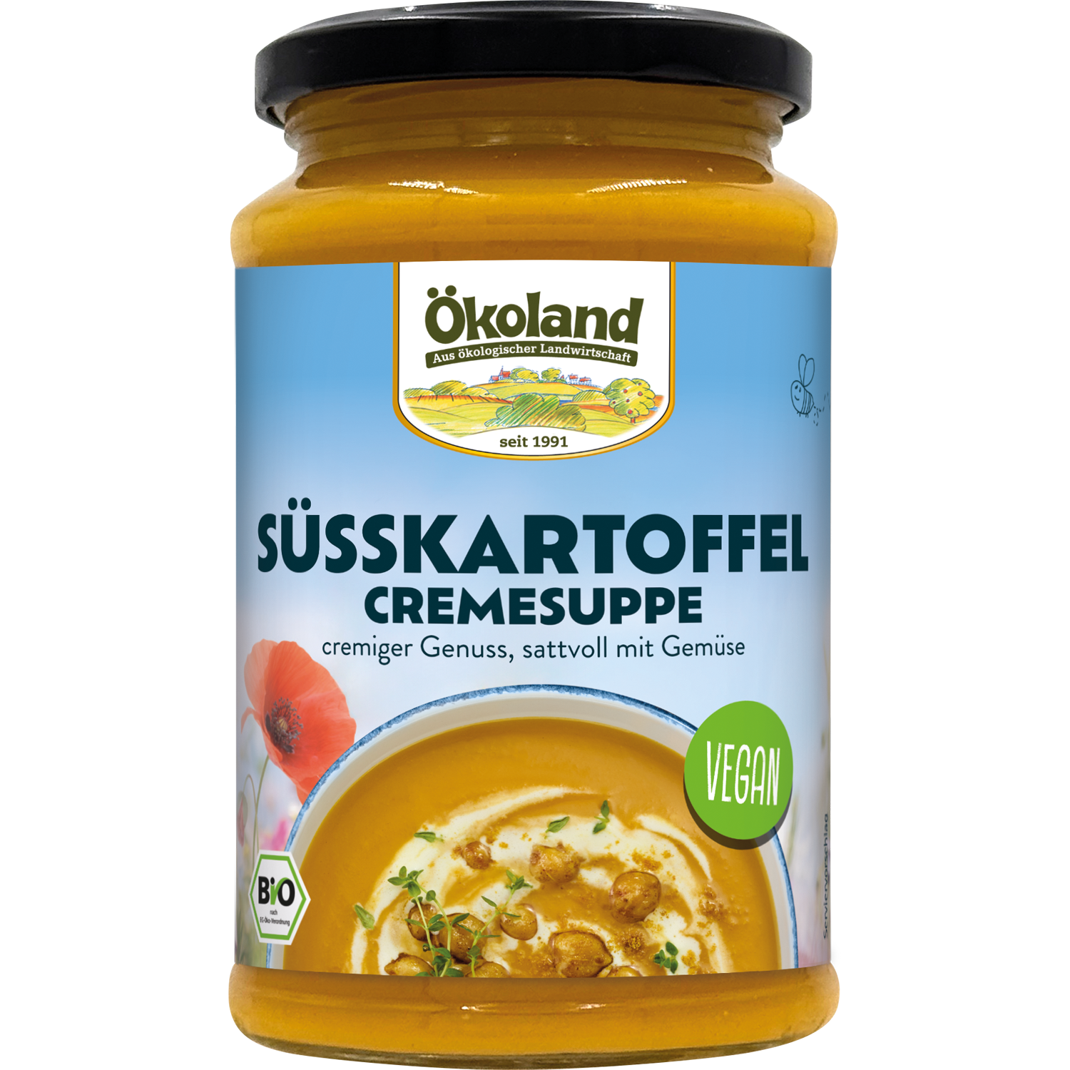 Vegane Bio Süßkartoffel Cremesuppe, cremiger Genuss, sattvoll mit Gemüse